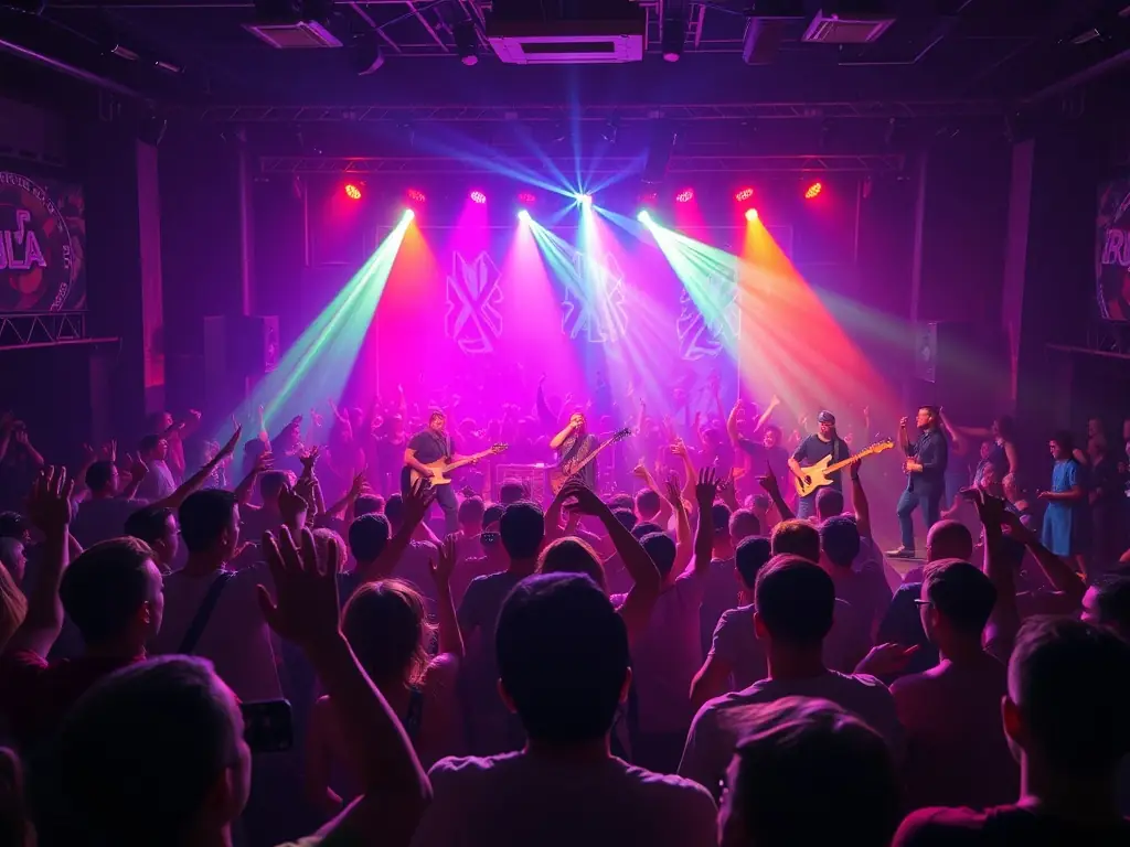 A vibrant scene from a concert or music event organized by PRODUCTION DE LA COTE, capturing the energy and excitement of live performances.