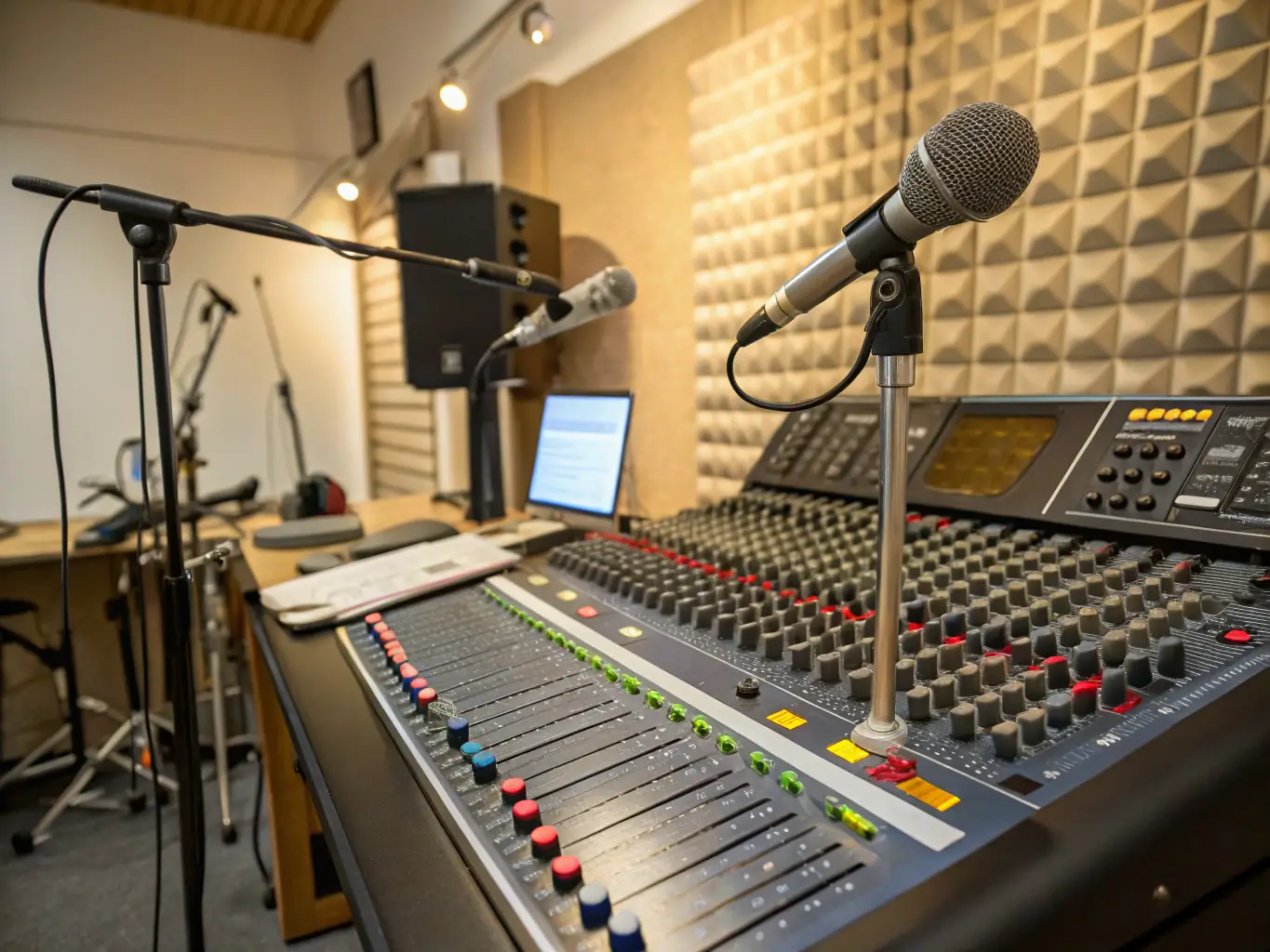 A professional recording studio setup with a mixing console, microphones, and soundproofing, showcasing the music production environment at PRODUCTION DE LA COTE.